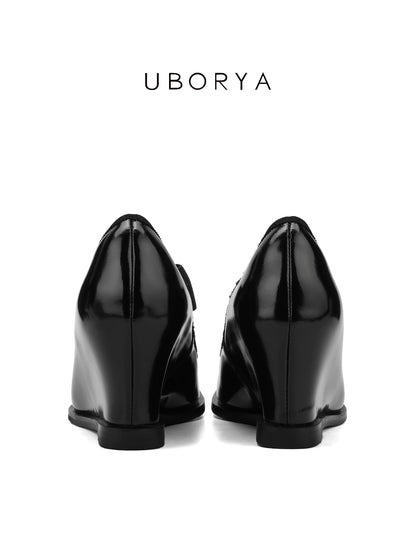 UBORYA Black Patent Square-Toe Wedge Pumps with Elastic Crisscross Straps – Architectural Heels for Women | Minimalist Avant-Garde Footwear | Sleek Power Wedges