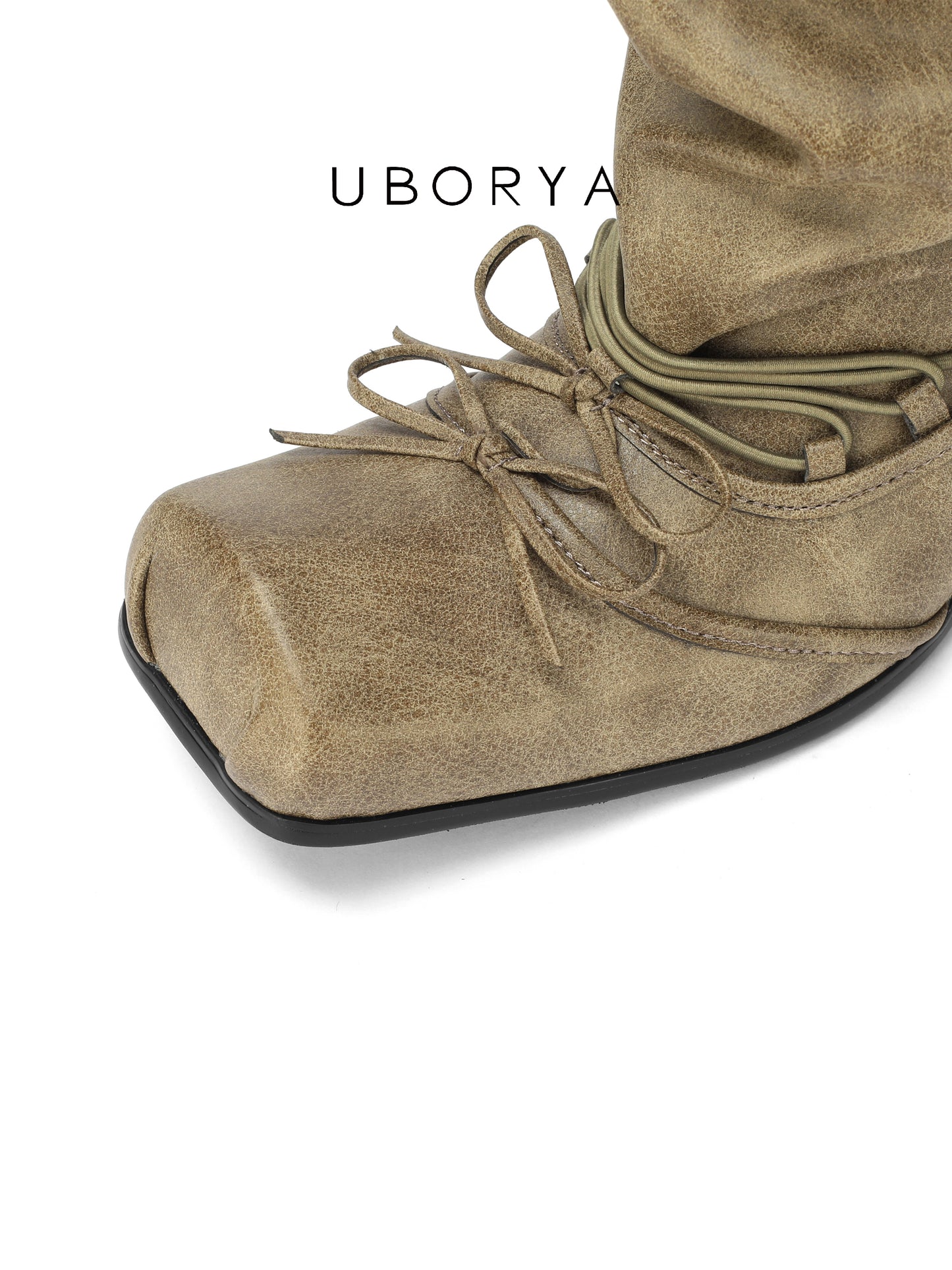 UBORYA Khaki Suede Slouchy Knee-High Boots with Bows – Square Toe Kitten Heel Boots for Women | Ruched Shaft | Side Zipper | Earthy Avant-Garde Booties