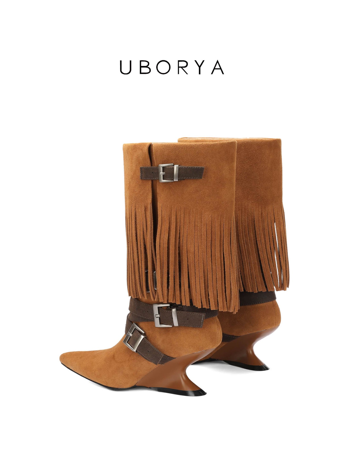 UBORYA Tan Suede Fringe Mid-Calf Boots with Buckle Straps – Sculptural Wedge Heel Boots for Women | Pointed Toe | Western Boho Booties
