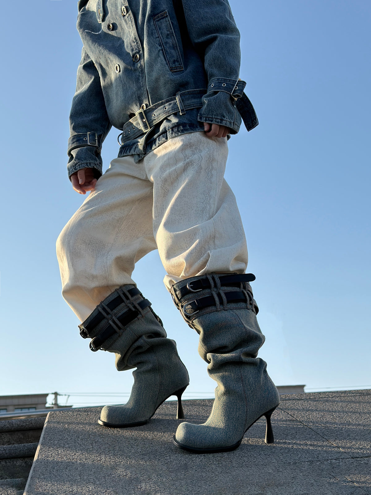 UBORYA Denim Slouchy Knee-High Boots with Black Buckle Straps