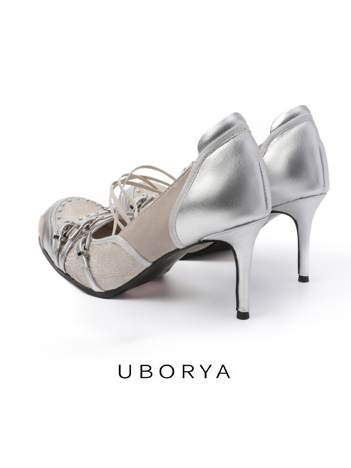 UBORYA Silver Mixed‑Media Futuristic Strappy Heels 8cm Stiletto