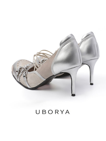 UBORYA Silver Mixed-Media Strappy Heels – Futuristic Balletcore Pumps for Women | 8cm / 3.1in Stiletto | Metallic Leather & Suede | Edgy Chic Evening Shoes