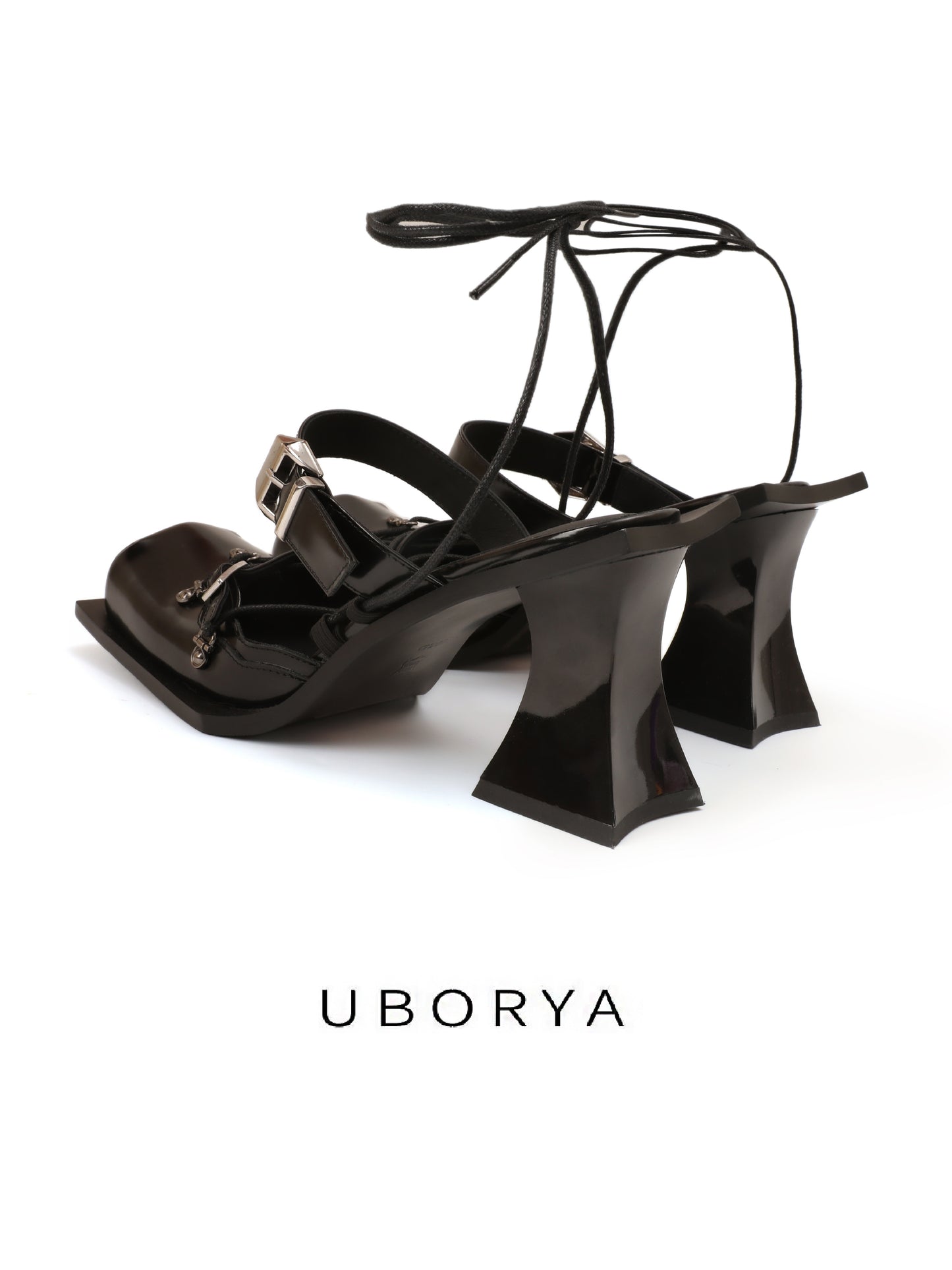 UBORYA Black Sculptural Platform Heels – Avant-Garde Mary Jane Pumps for Women | 10cm / 3.9in Block Heel | Glossy Patent Leather & Ankle Wrap | Edgy Gothic Evening Shoes