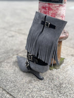 UBORYA Grey Blue Suede Fringe Mid-Calf Boots with Buckle Straps