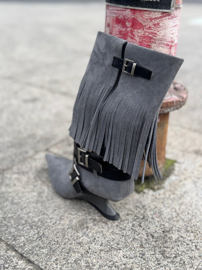UBORYA Grey Blue Suede Fringe Mid-Calf Boots with Buckle Straps – Sculptural Wedge Heel Boots for Women | Pointed Toe | Western Avant-Garde Booties