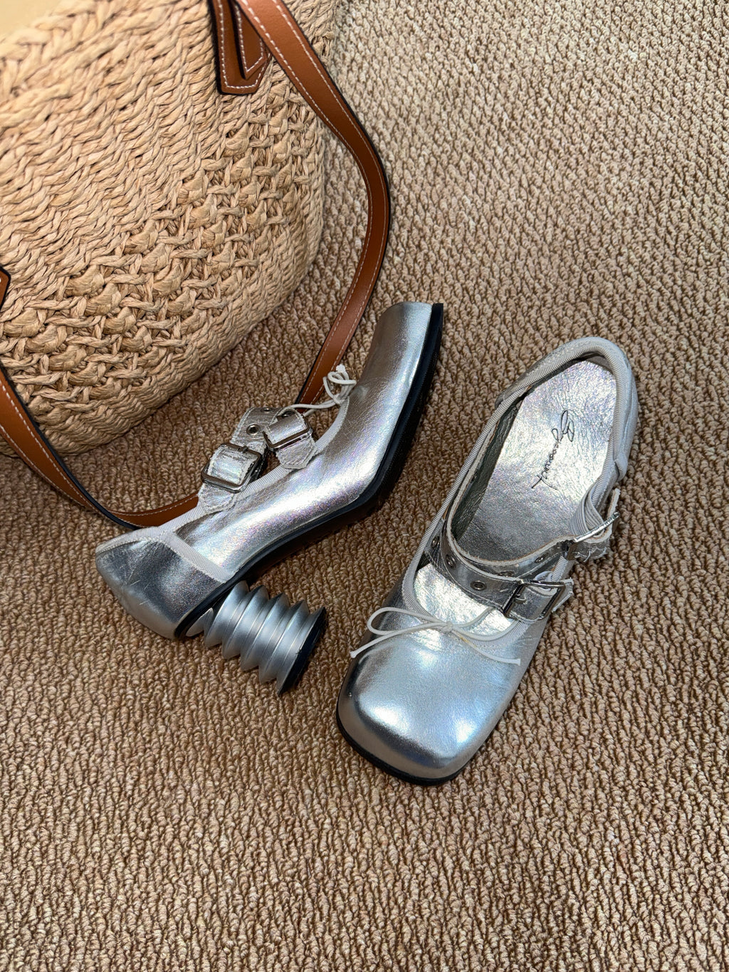 UBORYA Silver Metallic Coil Heel Mary Jane Pumps Rivet Buckles Front Tie 6cm Sculptural Heel