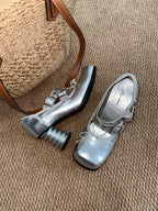 UBORYA Silver Metallic Coil Heel Mary Jane Pumps Rivet Buckles Front Tie 6cm Sculptural Heel