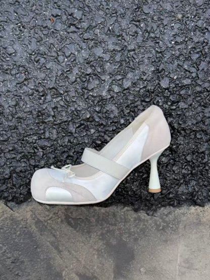 UBORYA Off-White Mary Jane Stiletto Heels - Suede Mesh Panel Round Toe Bow Detail Pumps