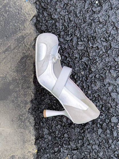 UBORYA Off-White Mary Jane Stiletto Heels - Suede Mesh Panel Round Toe Bow Detail Pumps