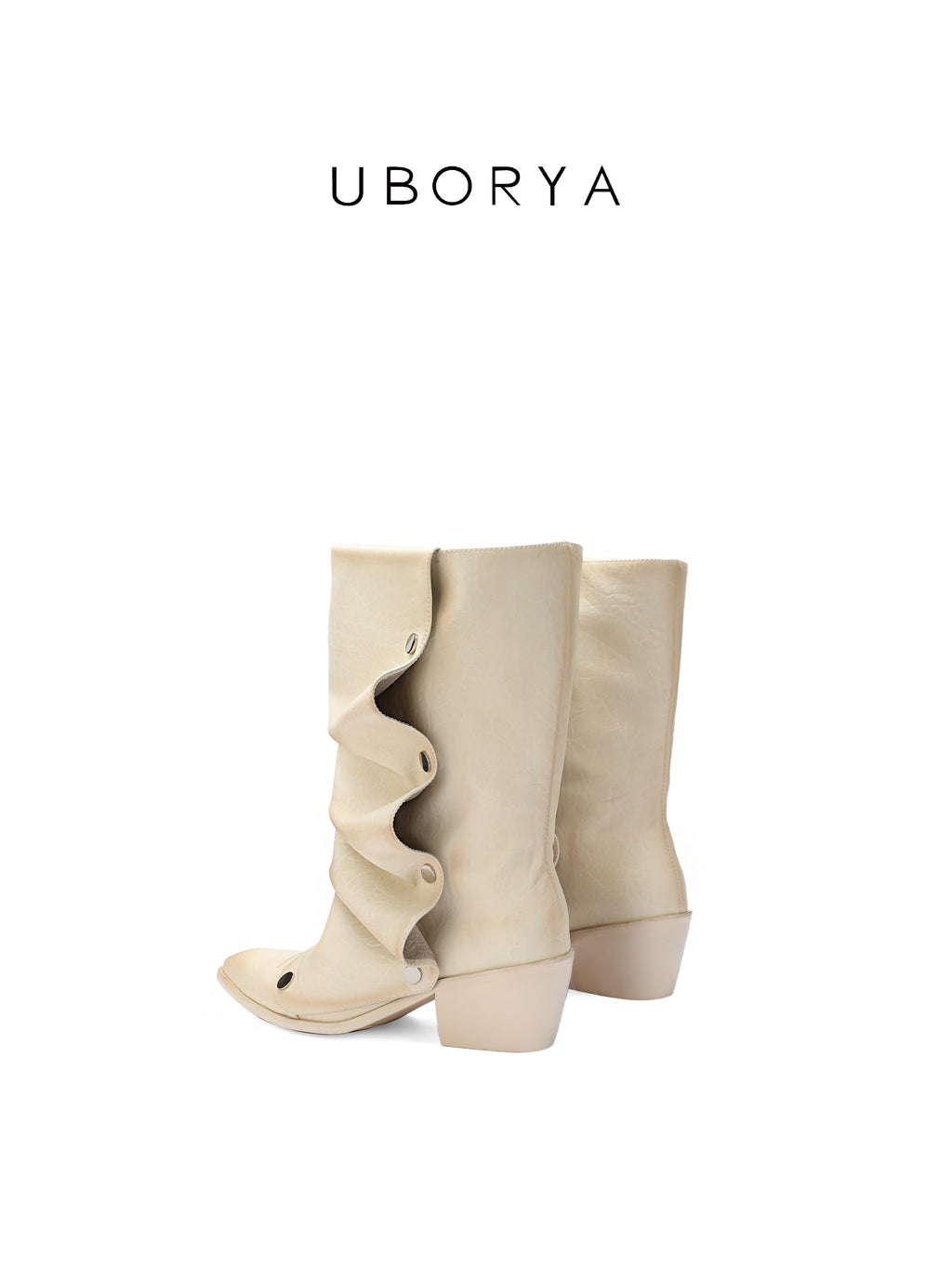 UBORYA Off White Sculptural Slouch Boots 6cm Block Heel Metal Eyelets Faux Leather