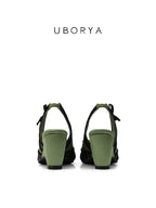 UBORYA Olive Green Lace Slingback Wedge Sandals with Bow Details
