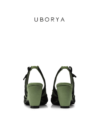 UBORYA Olive Green Slingback Peep-Toe Shoes with Black Lace Overlay – Low Wedge Heel Pumps for Women | Dark Academia Bows | Vintage Garden Heels