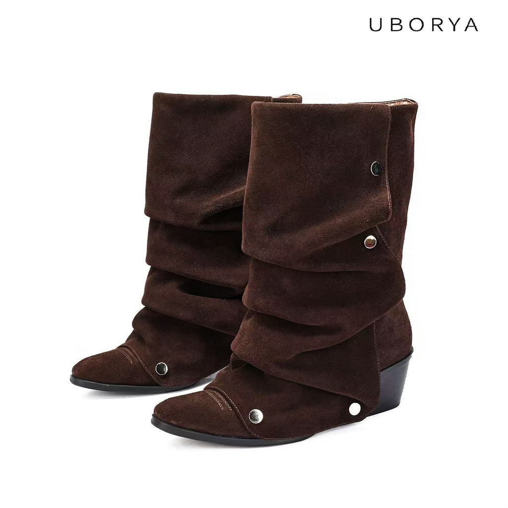 UBORYA Brown Suede Slouch Boots Metal Grommets 6cm Wedge Heel Y2K Boho Boots