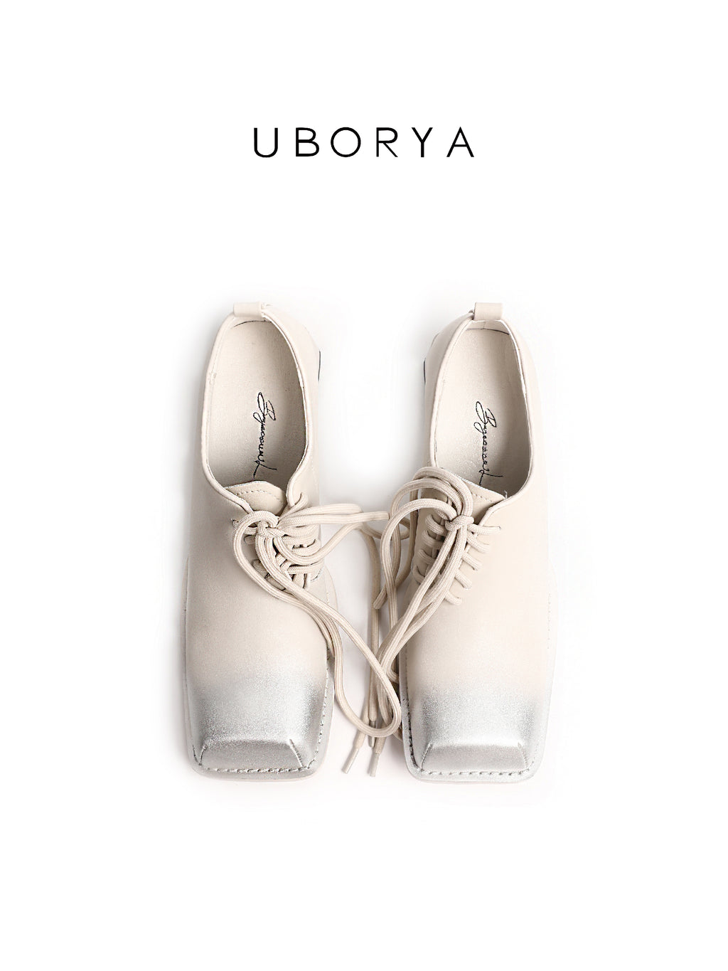 UBORYA Off White Leather Lace Up Oxfords Silver Toe Cap Block Heel Shoes