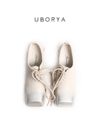 UBORYA Off White Leather Lace Up Oxfords Silver Toe Cap Block Heel Shoes