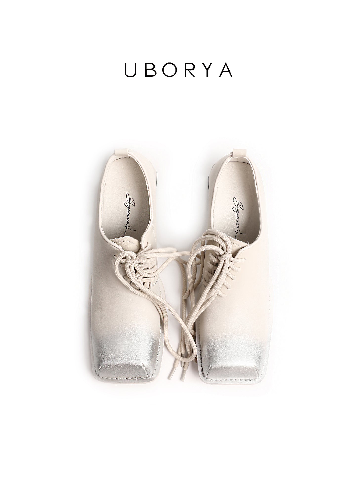 UBORYA Off-White Leather Lace-Up Oxfords - Silver Metallic Toe Cap Square Toe Block Heel Shoes
