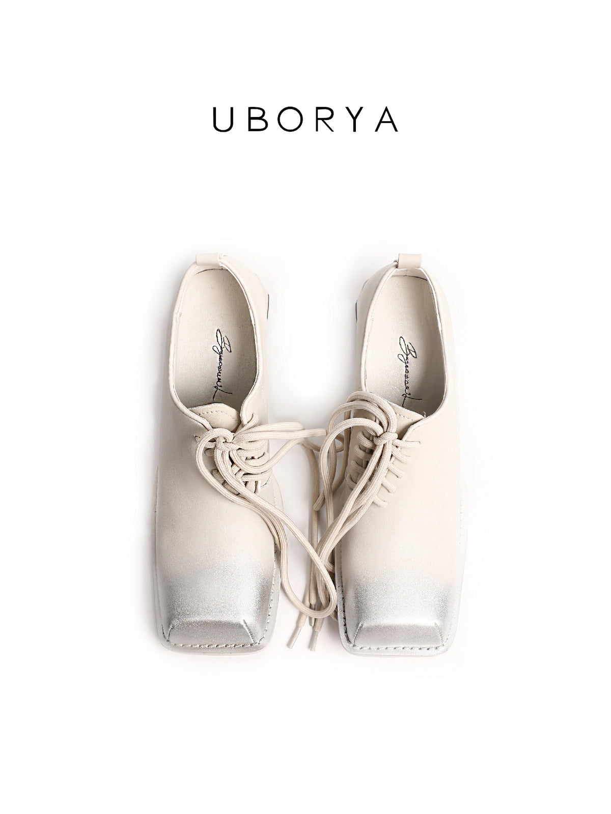 UBORYA Off White Leather Lace Up Oxfords Silver Toe Cap Block Heel Shoes