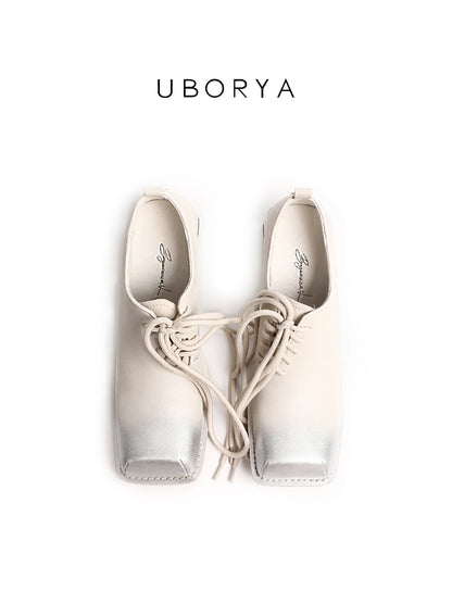 UBORYA Off-White Leather Lace-Up Oxfords - Silver Metallic Toe Cap Square Toe Block Heel Shoes