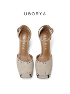 UBORYA Beige Studded Peep-Toe Wedge Sandals