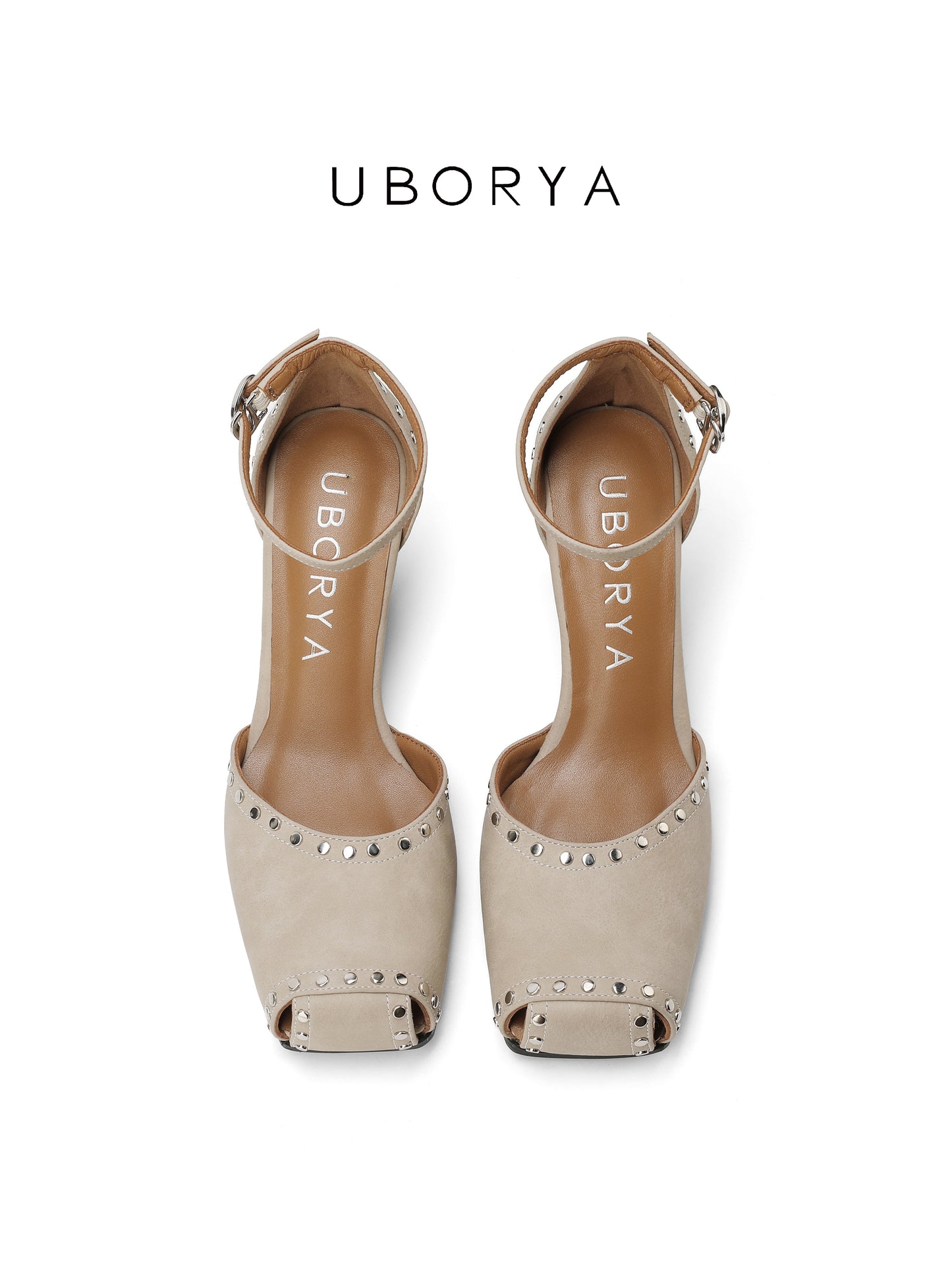 UBORYA Beige Studded Peep-Toe Wedge Sandals with Ankle Strap – Square Toe Heels for Women | Modern Edge Footwear | Cream Utility Chic Wedges