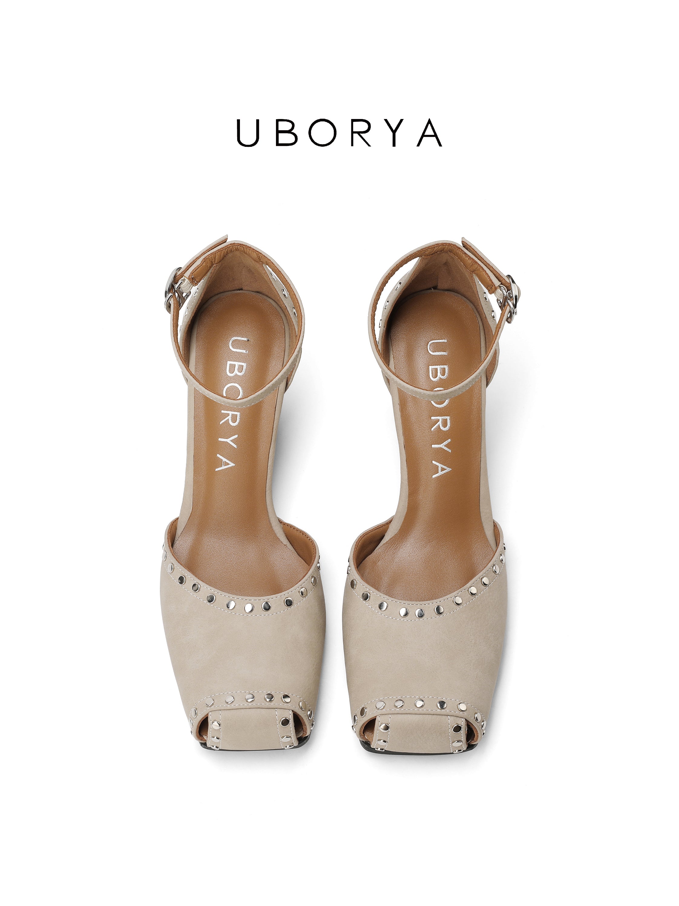 UBORYA Beige Studded Peep-Toe Wedge Sandals
