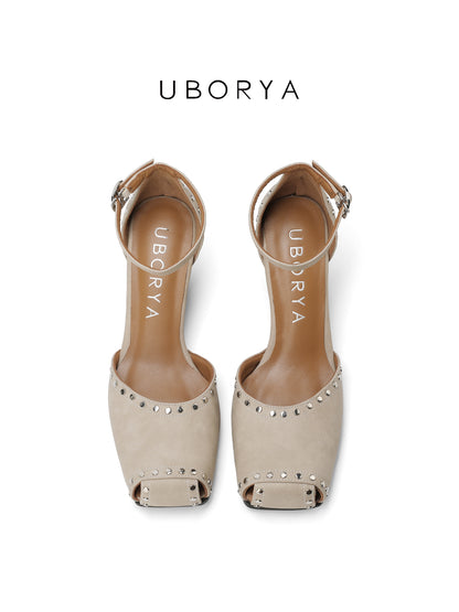 UBORYA Beige Studded Peep-Toe Wedge Sandals with Ankle Strap – Square Toe Heels for Women | Modern Edge Footwear | Cream Utility Chic Wedges