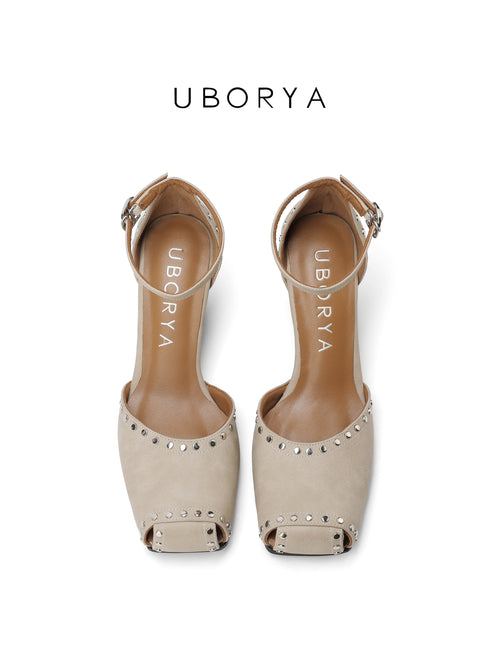 UBORYA Beige Studded Peep-Toe Wedge Sandals
