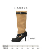 UBORYA Tan Suede Slouchy Knee-High Boots with Black Buckle Straps