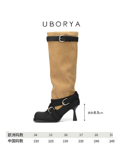 UBORYA Tan Suede Slouchy Knee-High Boots with Black Buckle Straps – Sculptural Kitten Heel Boots for Women | Two-Tone Western Punk Booties