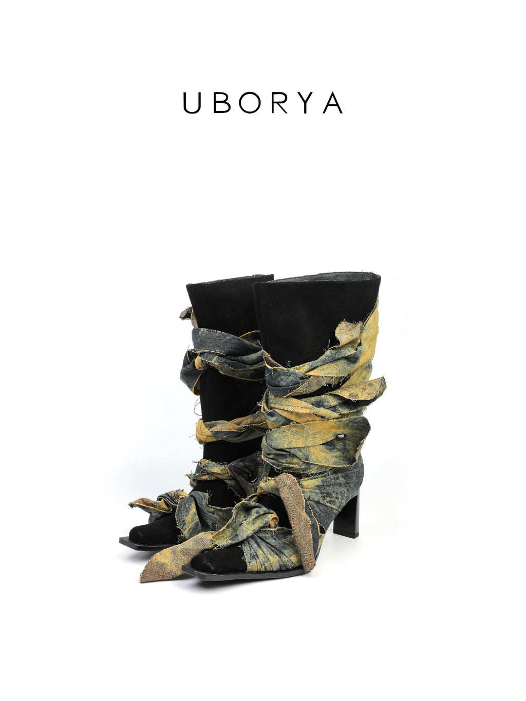UBORYA Deconstructed Denim Wrap Boots Black Suede Patchwork Woven 6cm Block Heel