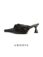UBORYA Black Glitter Fur Trim Leather Mules Pointed Toe Sculptural Heel Shoes