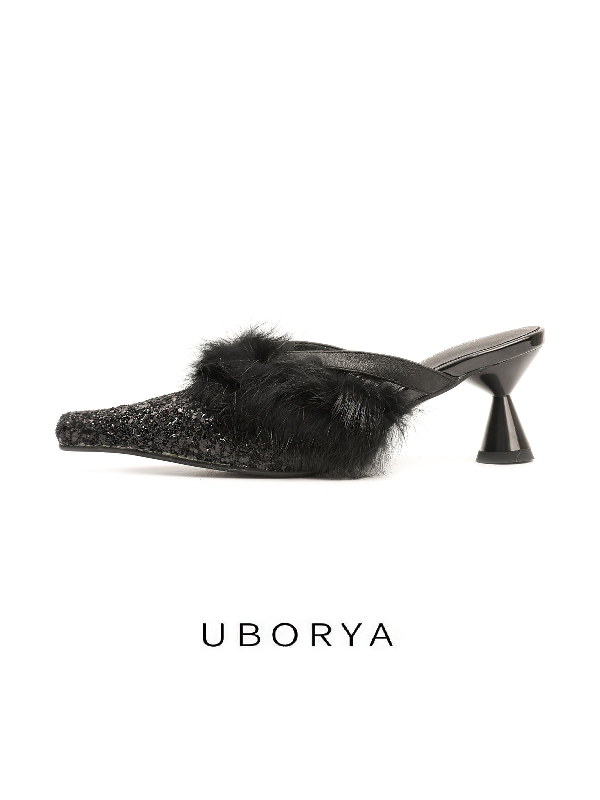 UBORYA Black Glitter Fur Trim Leather Mules Pointed Toe Sculptural Heel Shoes