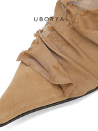 UBORYA Beige Pointed Toe Ankle Boots Ruched Texture Low Block Heel