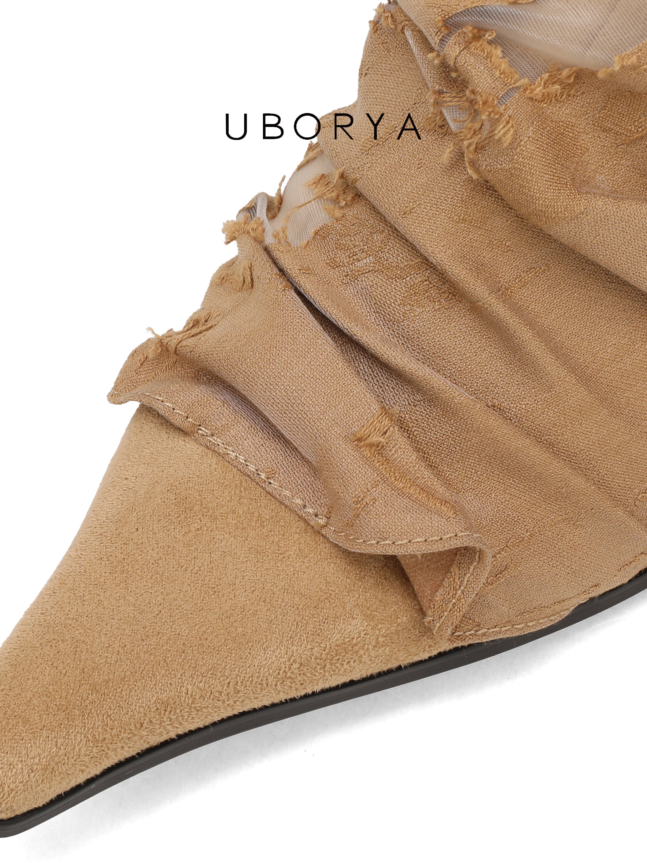 UBORYA Beige Pointed Toe Ankle Boots Ruched Texture Low Block Heel