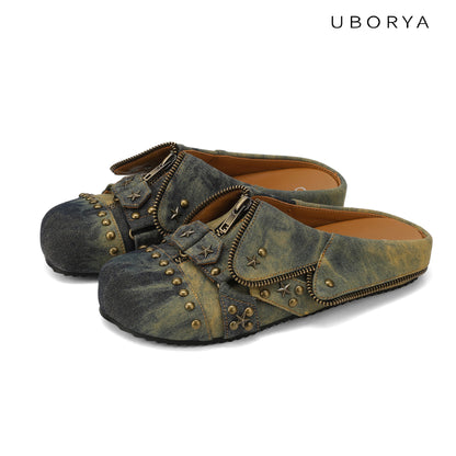 UBORYA Distressed Denim Slip-On Mules with Zipper & Brass Studs – Star Accent Slides for Women | Grunge Punk Utility Footwear | Vintage Wash Clogs