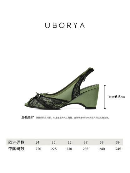 UBORYA Olive Green Slingback Peep-Toe Shoes with Black Lace Overlay – Low Wedge Heel Pumps for Women | Dark Academia Bows | Vintage Garden Heels