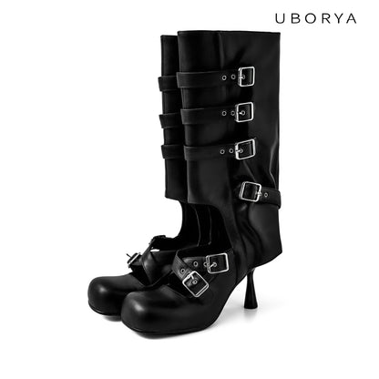 UBORYA Black Knee-High Buckle Boots with Sculpted Stiletto Heel – Multi-Strap Round Toe Boots for Women | Gothic Glam Punk Luxury Footwear | Avant-Garde Heeled Boots