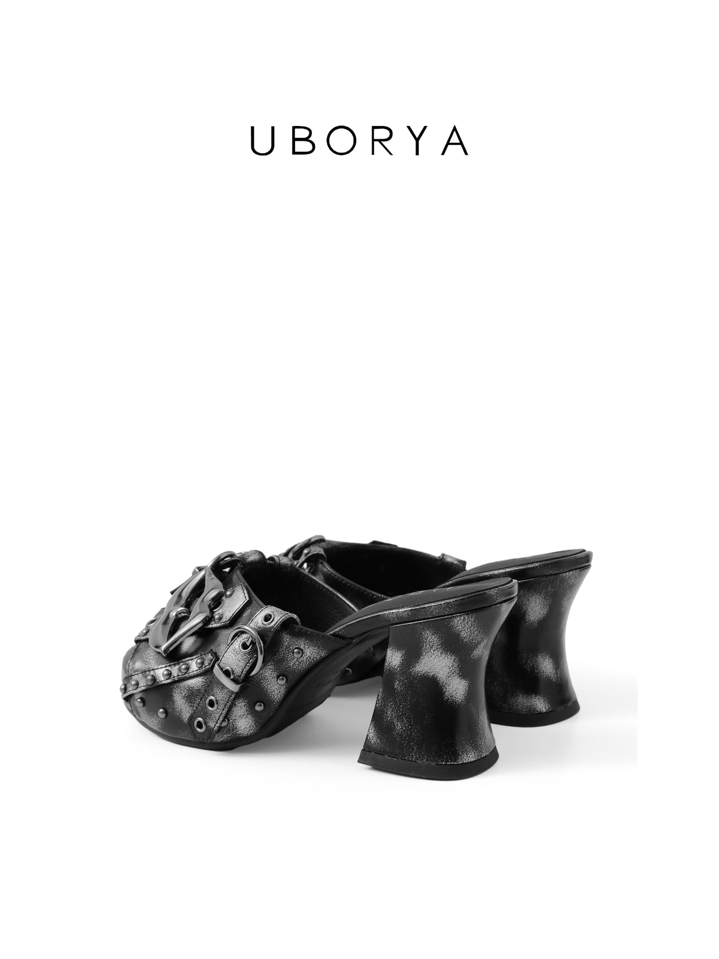 UBORYA Distressed Black Platform Mule Heels - Lip Buckle Stud Detail Peep Toe Sculptural Heel Slides