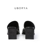 UBORYA Black Draped Leather Minimalist Mules 7cm Block Heel