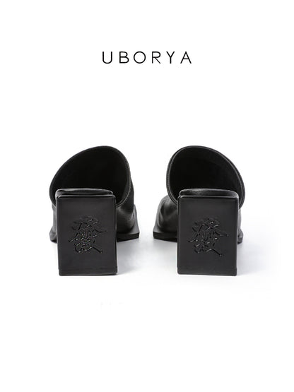UBORYA Black Draped Leather Mules – Minimalist Modern Pumps for Women | 7cm / 2.8in Block Heel | Soft Natural Grain Leather | Elegant Open-Back Slide Sandals