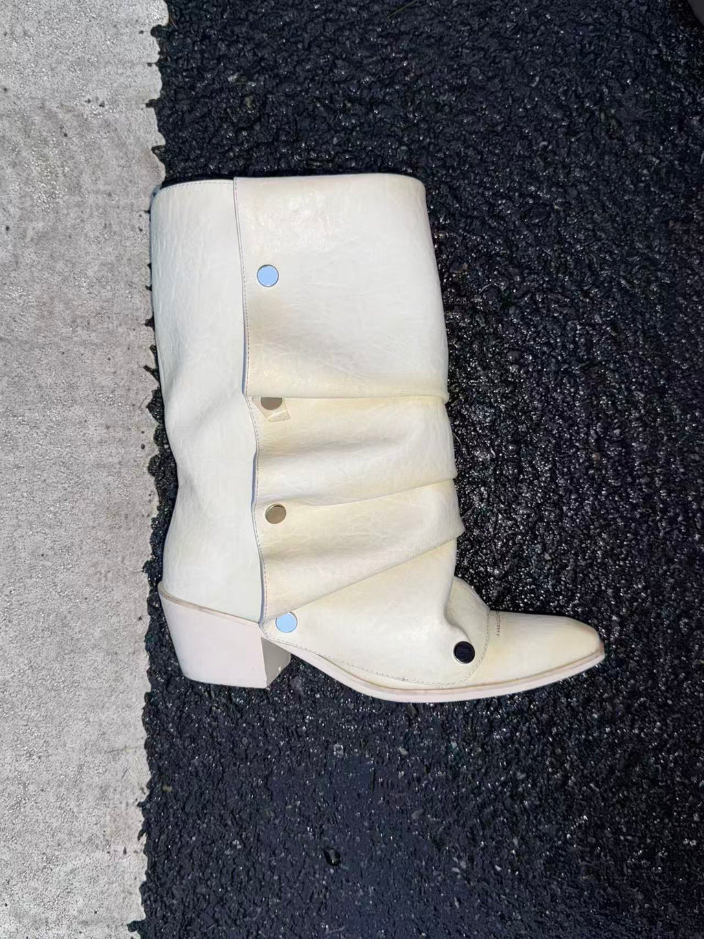 UBORYA Off White Sculptural Slouch Boots 6cm Block Heel Metal Eyelets Faux Leather