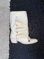 UBORYA Off White Sculptural Slouch Boots 6cm Block Heel Metal Eyelets Faux Leather