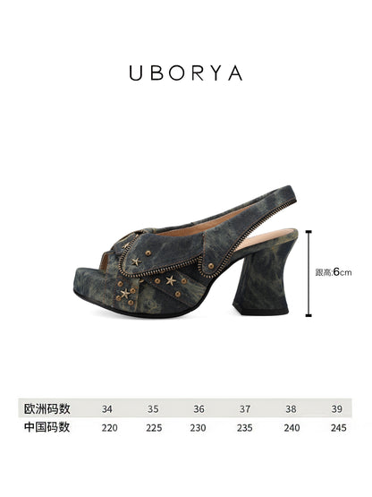 UBORYA Washed Denim Platform Slingback Heels - Peep Toe Star Stud Zipper Detail Sculptural Heel Sandals