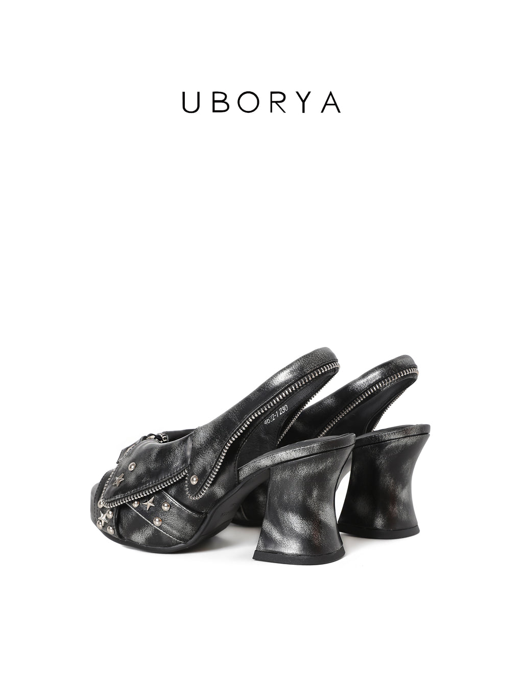 UBORYA Distressed Black Platform Slingback Heels with Star Studs