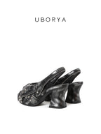 UBORYA Distressed Black Platform Slingback Heels with Star Studs