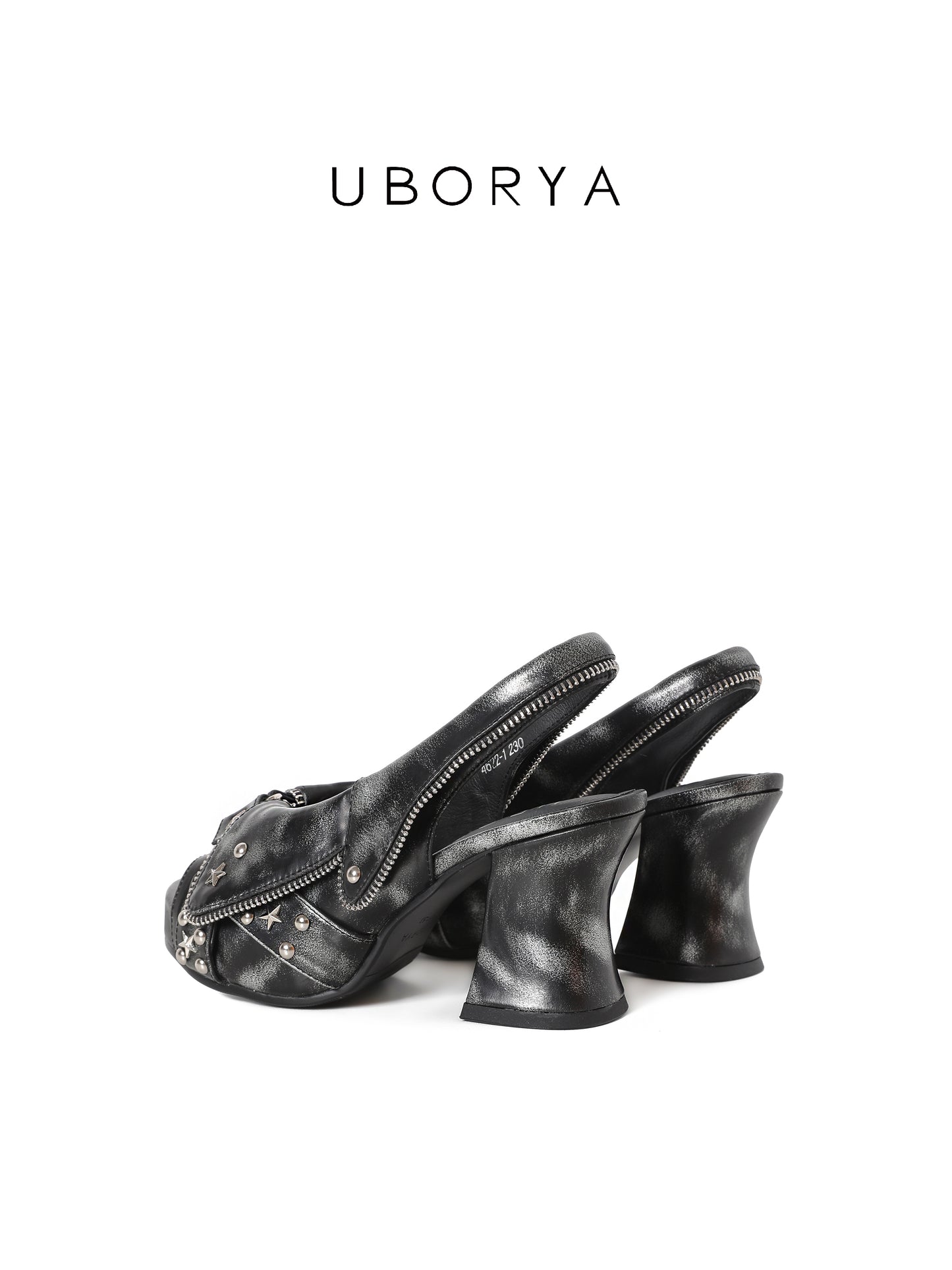 UBORYA Distressed Black Platform Slingback Heels - Peep Toe Star Stud Zipper Detail Sculptural Heel Sandals