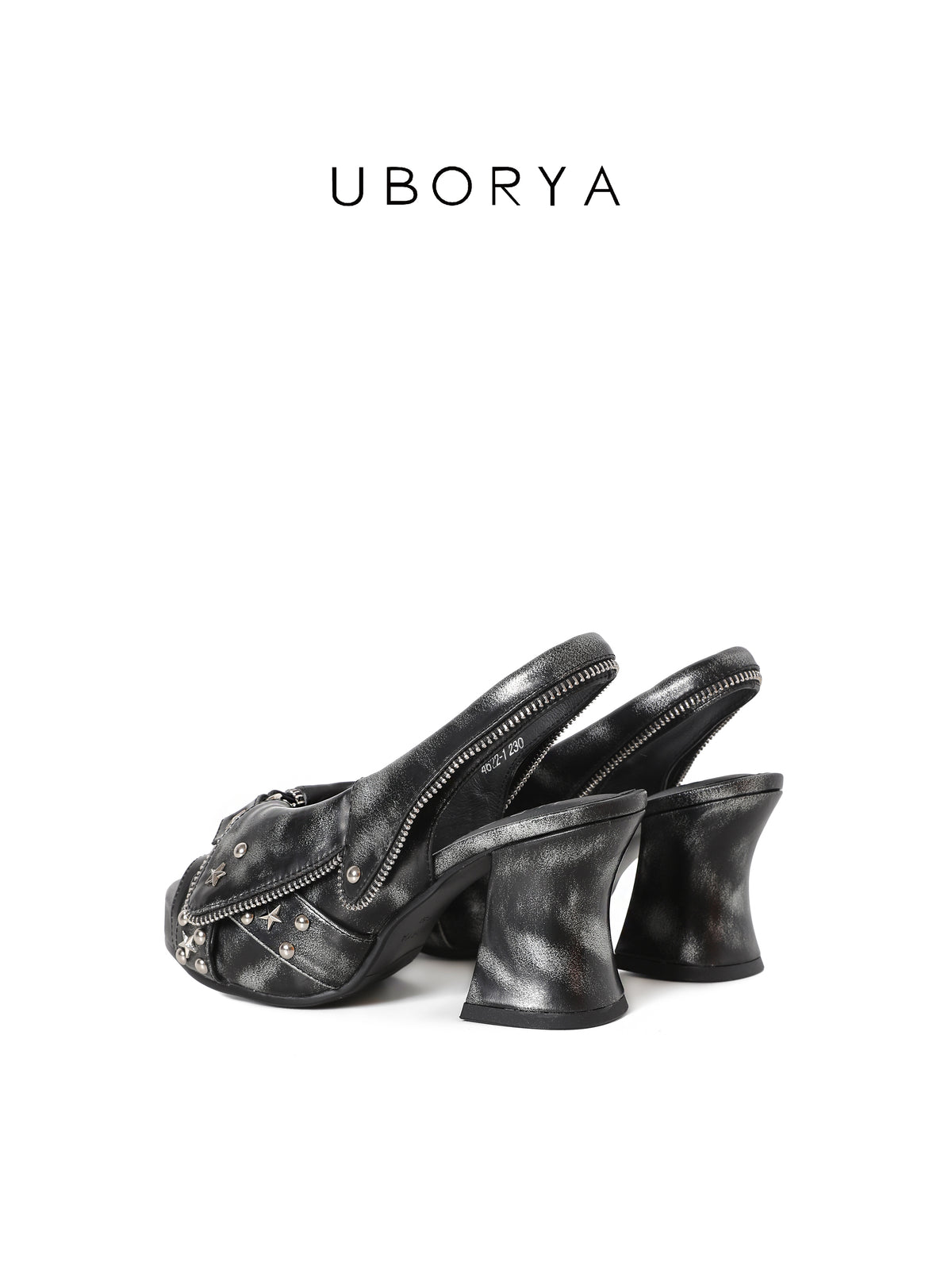 UBORYA Distressed Black Platform Slingback Heels with Star Studs