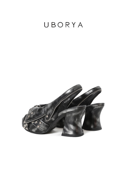 UBORYA Distressed Black Platform Slingback Heels - Peep Toe Star Stud Zipper Detail Sculptural Heel Sandals