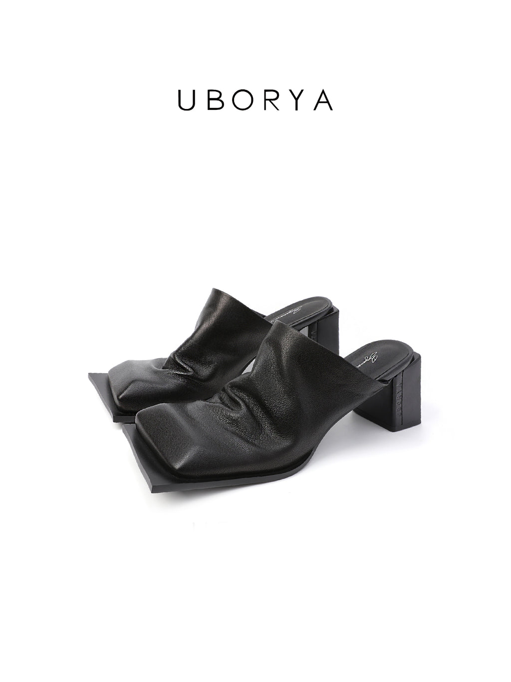 UBORYA Black Draped Leather Minimalist Mules 7cm Block Heel