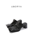 UBORYA Black Draped Leather Minimalist Mules 7cm Block Heel